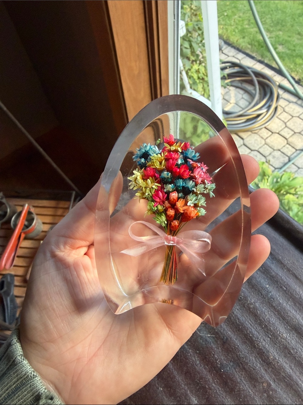 Mid Century Modern Lucite Flower Pendant Paperweight Real Encapsulated Dried